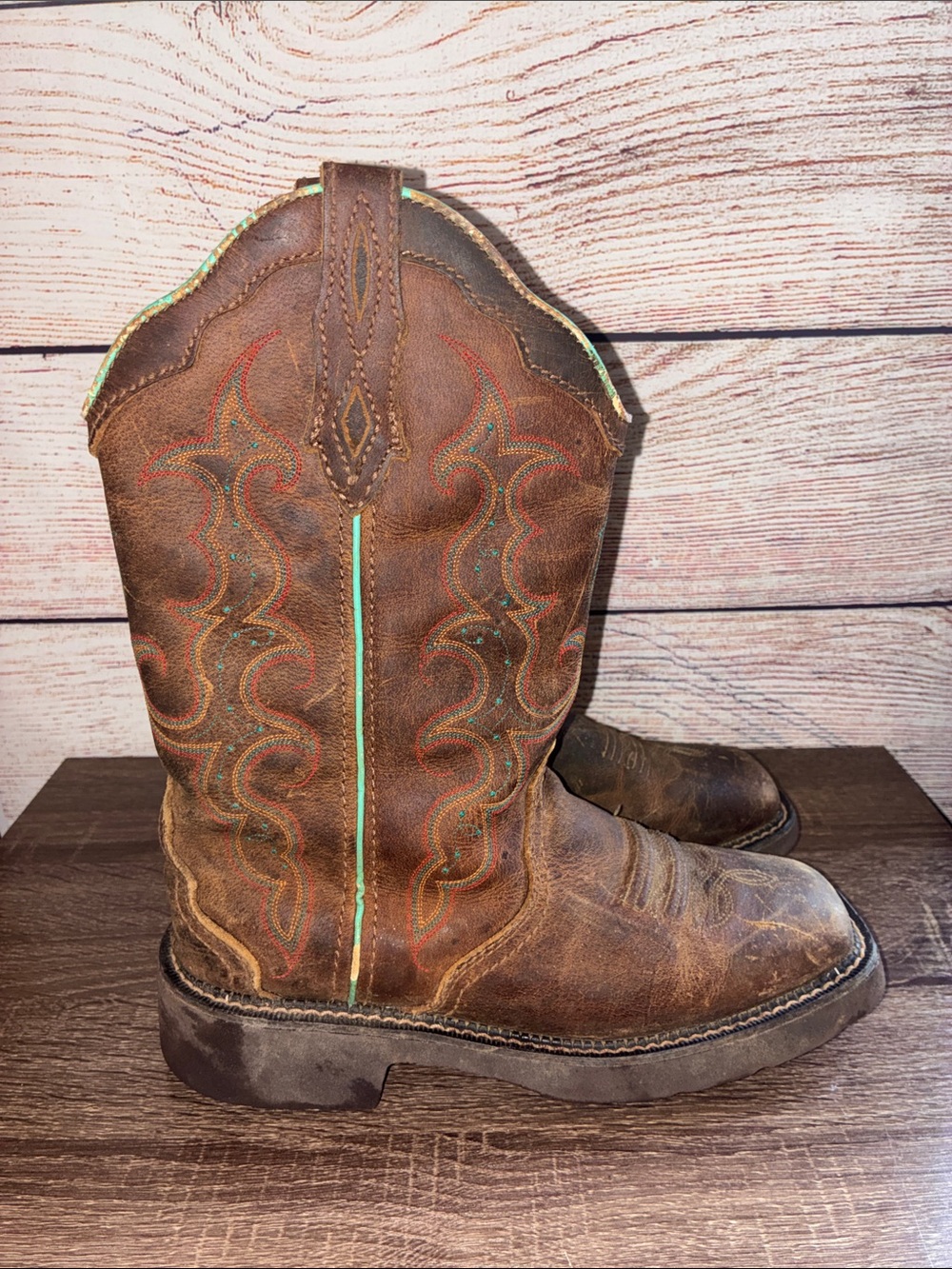 Pre Owned Justin 9B Brown Leather Western Cowboy Boots with Turquoise Stitching